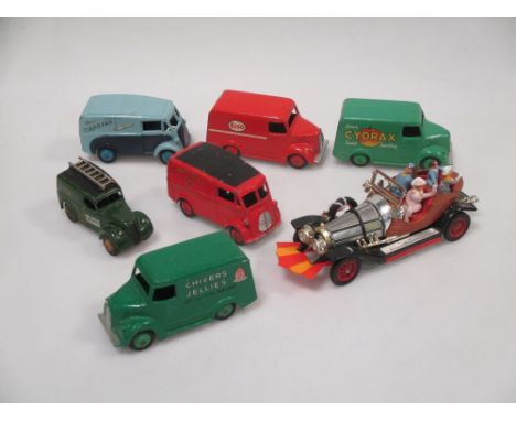 Six Dinky Toys Vans and Corgi Chitty Chitty Bang Bang, some signs of wear (7)  