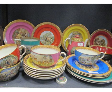A quantity of Pratt Ware: a tea pot, 8 tea plates including Cavalier pattern, 6 large cups with saucers, a pair of imitation 