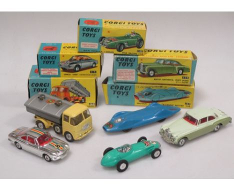 Corgi models in boxes: BRM, Bentley Continental, Bluebird, Simca 1000, Cement Lorry, slight playwear (5)  