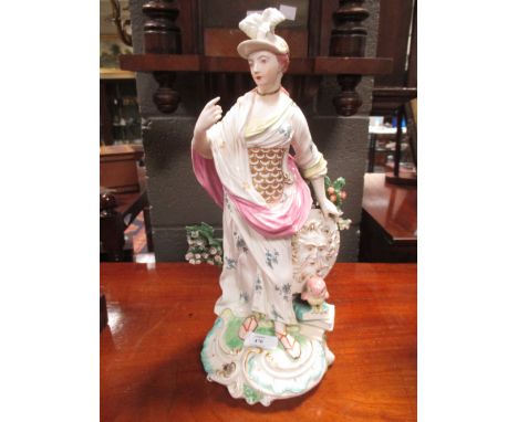 A Derby figure of Minerva, circa 1770, standing in floral painted dress, with shield, on a moulded patch-marked base, with cr