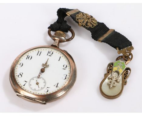 Continental silver pocket watch, the white enamel dial with Roman numerals and subsidiary seconds dial, crown wound, the case