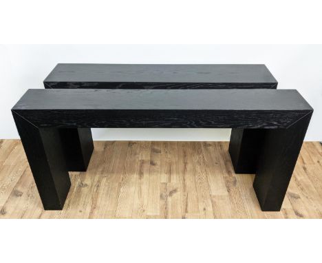 CONSOLE TABLES, two similar, contemporary design, 150cm x 30cm x 79cm at largest. (2) 