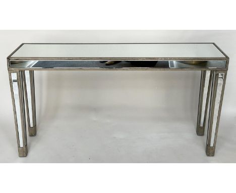 CONSOLE TABLE, Italian style rectangular silvered wood and bevelled mirror panelled with tapering supports, 154cm x 40cm x 78