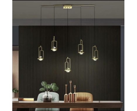 CHANDELIER (sold as seen in box), 68cm x 46cm x 21cm, contemporary design, five branch, gilt metal, glass ball detail and ano