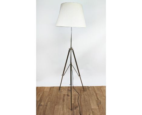 TRIPOD FLOOR LAMP, approx 110cm H, polished metal folding and adjustable, with shade. 