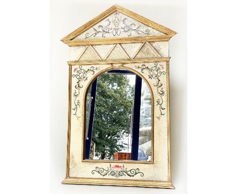 WALL MIRROR, architectural cornice cream and scroll painted with arched mirror plate, 86cm W x 127cm H. 