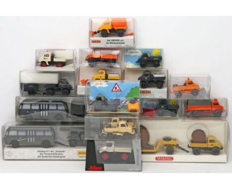 18 Modellautos "Mercedes-Benz Unimog", Wiking, Brekina, Schuco, Epoche, 1:87. Verschiedene Ausführungen. Je in Originalverpac