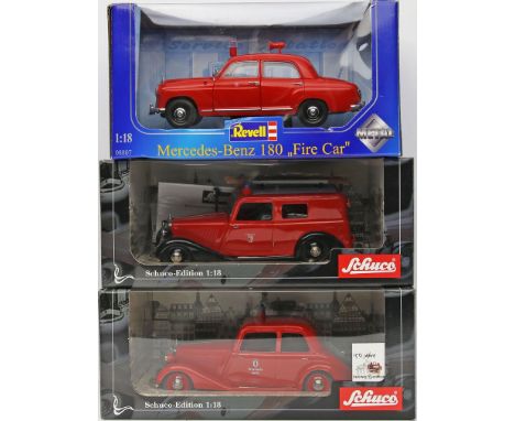 3 Modellautos "Feuerwehr", Schuco, Revell, 1:18. 2x Mercedes-Benz 170 V und 1x Mercedes-Benz 180. Verschiedene Ausführungen. 