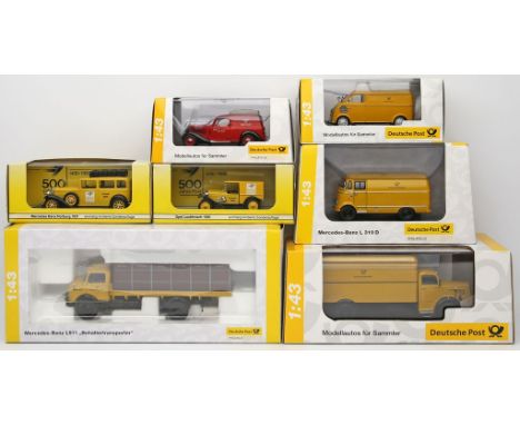 7 Modellautos, Schuco, Premium ClassiXXs, Eligor, 1:43. Verschiedene Ausführungen, Deutsche Post und Reichspost. Je in Origin
