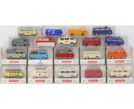 19 Modellautos "VW Bus", Wiking, Schuco, Roco, APS, Herpa, 1:87. Verschiedene Ausführungen. Je in Originalverpackung. Unbespi