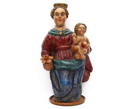 Unbekannter Künstler (18. Jh.) Madonna mit Kind. Holz, geschnitzt und farbig gefasst (Fassung erneuert). Wohl Teil einer Gall
