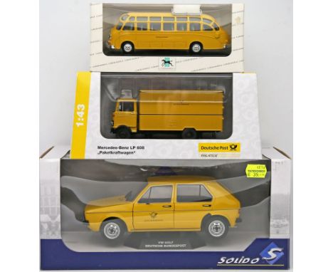 3 Modellautos "Post", Solido, Premium ClassiXXs, Cursor, verschiedene Maßstäbe. VW Golf, Setra sowie Mercedes-Benz LP608. Je 