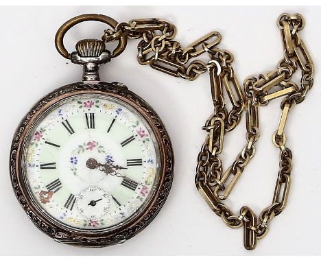 Offene Taschenuhr. 800/000 Silbergehäuse. Weißes Emailzifferblatt (besch.) mit Blumendekor und schwarzen, römischen Ziffern, 