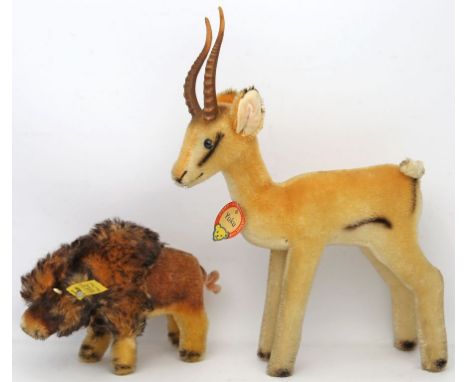 Springbock "Yuku" und Bison, Steiff. Mohair. 1x mit Schild, 1x mit Knopf, Fahne und Schild. Nahezu unbespielt. 50er/60er Jahr