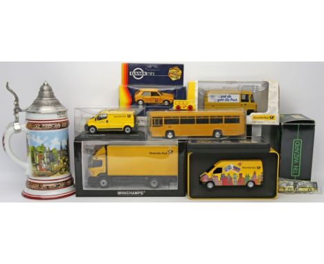 10 Modellautos, Verschiedene Hersteller, überwiegend 1:43. Verschiedene Hersteller und Ausführungen, Deutsche Post, Schweizer
