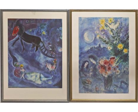 2 gerahmte Farbdrucke nach Marc Chagall. Gesamtmaß mit R. je 83x 62,5 cm.