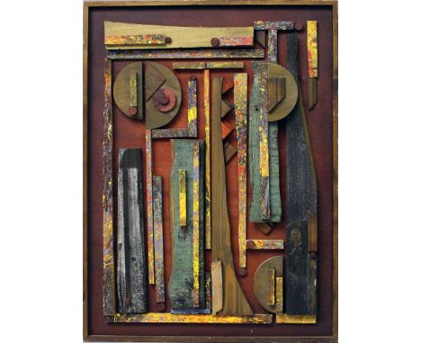 Schweitzer, Friedrich (geb. 1935 Ilvesheim) "Senkrechte Basis", so verso betitelt. Farbig gefasstes Holzrelief/-collage (Fehl