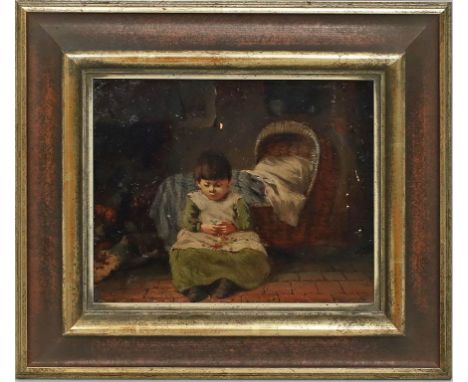 Morgan, John (1823-1886), att. Kind mit Blumen in der Hand vor Wiege. Öl/Holz (kl. Farbfehlstellen), re. sign. Ca. 18,5x 22,5