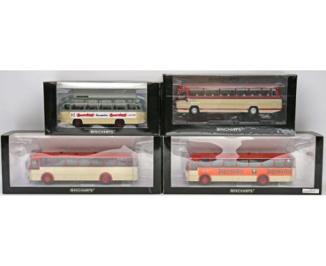 4 Modellautos "Busse Mercedes-Benz", Minichamps, 1:43. Verschiedene Ausführungen. Je in Originalverpackung. Unbespielt. 