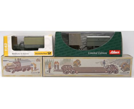 3 Modellautos und 1 Tieflader "Deutsche Post", NZG, Schuco, 1:50, 1:43. Lanz Eilbulldog mit Anhänger "Fernmeldedienst", Merce