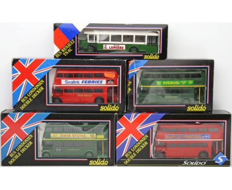 5 Modellautos "Busse", Solido. 4x Doppeldecker London. 1x Renault TN 6C. Je in Originalverpackung, 1x besch. Teils bespielt. 