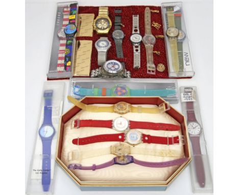 18 div. Armbanduhren, SWATCH. Verschiedene Jahrgänge und Ausführungen, je mit Quarzwerk (Funktionen, da Batterien zu erneuern