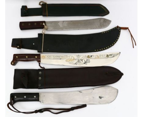 3 Macheten. 1x bez. "Legitimus Collins & Co.", USA. No 1250, 1940. 1x bez. "Puma-Hunting-Machete". Verzierte "Pumaster steel"