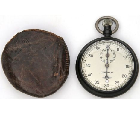 Einhand-Stoppuhr "JUNGHANS". Geschwärztes Eisengehäuse. Matt versilbertes Zifferblatt mit schwarzen, arabischen Ziffern, 30-M