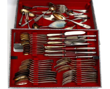 Tafelbesteck für 6 Personen, WMF, 68-teilig. Metall, versilbert, "Kreuzbandmuster". Bestehend aus: Je 6 Messern, Gabeln, Fisc