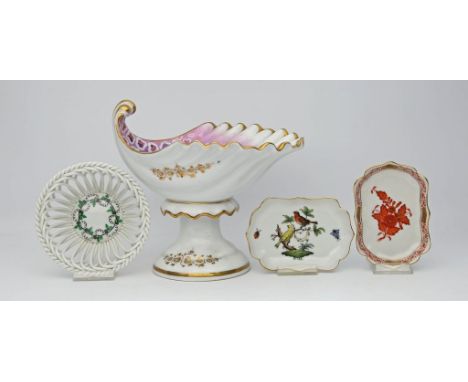 2 ovale Schalen und runde Durchbruchschale, Herend. Porzellan. Bunte Bemalung "Rothschild", "Apponyi" in Orange und "Indisch 