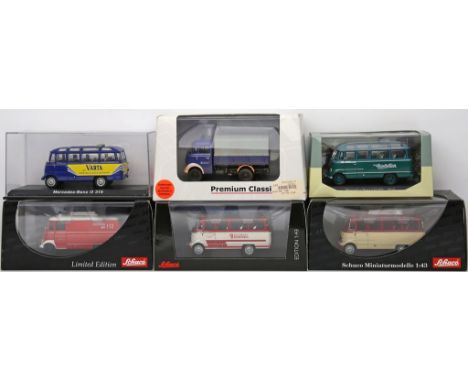 6 Modellautos "Mercedes-Benz 319", Schuco, Atlas, Premium ClassiXXs, 1:43. Verschiedene Ausführungen. Je in Originalverpackun