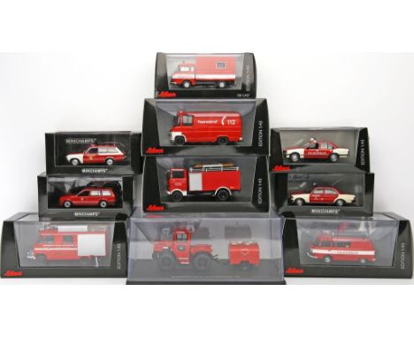 10 Modellautos "Feuerwehr", Schuco, Minichamps, 1:43. Verschiedene Hersteller und Ausführungen. Insbesondere Fahrzeugtypen au