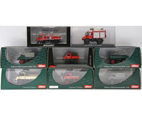 7 Modellautos und 1 Anhänger "Mercedes-Benz Unimog", Schuco, 1:43. Verschiedene Ausführungen. Je in Originalverpackung. 1x Um