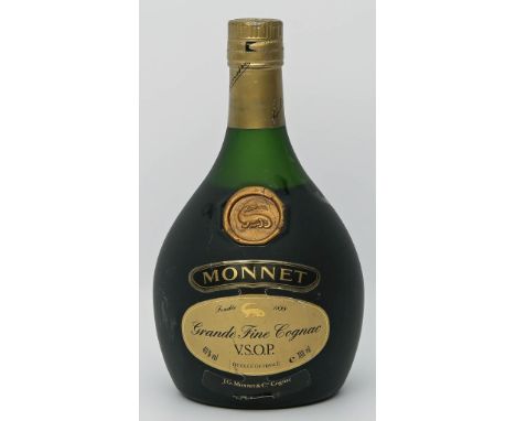 Flasche "Cognac V.S.O.P Monnet". Frankreich. Grande Fine Cognac. Mattierte Glasflasche mit Salamander-Siegel (Wappen von Köni
