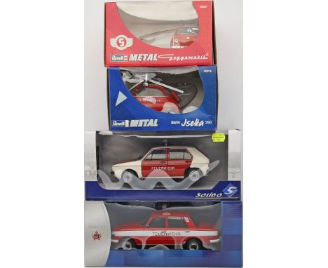 4 Modellautos "Feuerwehr", Revell, Solido, Cars, 1:18. Enthalten Goggomobil, Isetta, Wartburg und VW Golf. Verschiedene Ausfü