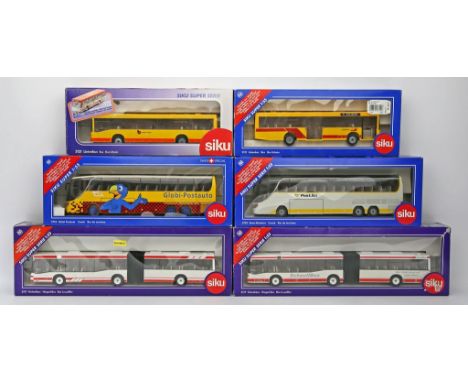 6 Modellautos "Busse", Siku, 1:55. Verschiedene Hersteller und Ausführungen. Je in Originalverpackung. Unbespielt. 