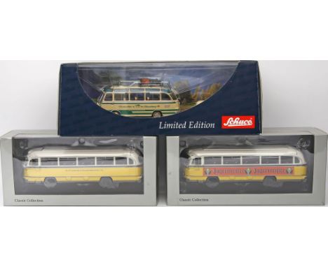 3 Modellautos "Busse". Schuco, Minichamps, 1:43. 2x "Mercedes-Benz O321 H" und 1x "Setra S6". Je in Originalverpackung. Unbes