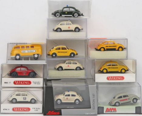10 Modellautos "VW Käfer", 1:87. Darunter Schuco, WIking, Brekina, AWM. Je in Originalverpackung bzw. Kunststoffbox. Unbespie