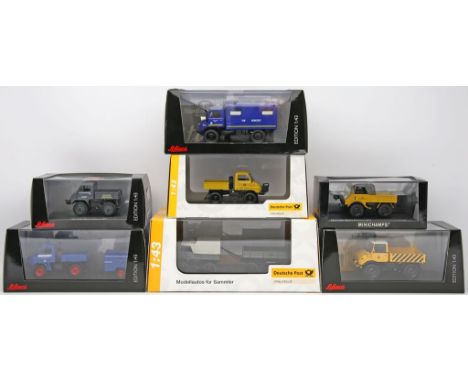 7 Modellautos "Mercedes-Benz Unimog", Schuco, 1:43. Verschiedene Ausführungen. Je in Originalverpackung. Unbespielt. 