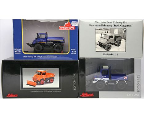 4 Modellautos "Mercedes-Benz Unimog", Schuco, Weise 1:18, 1:32. Verschiedene Ausführungen. Je in Originalverpackung. Unbespie