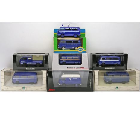 8 Modellautos "VW Bus THW", überwiegend 1:43. Darunter Minichamps, Gama, Premium ClassiXXs. Verschiedene Ausführungen. 7x in 