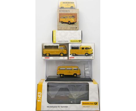 8 Modellautos "VW Bus, Post", verschiedene Maßstäbe. Darunter Schuco, Wiking, Siku. Verschiedene Ausführungen. Je in Original