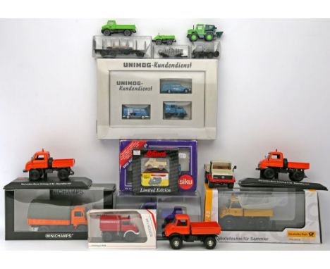 18 Modellautos "Mercedes-Benz Unimog", verschiedene Maßstäbe. Darunter Siku, Märklin, Editions Atlas, Brekina, Schuco. Versch