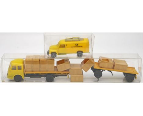 2 Modellautos, Siku. "Opel Blitz" und "Mercedes LP 315" mit Anhänger (V216 u. V217), Ausführung Deutsche Bundespost. Je in Ve