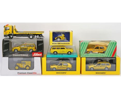 7 Modellautos und 1 Motorrad, "ADAC", Märklin, Schabak, Schuco, Minichamps, Premium ClassiXXs, Conrad, verschiedene Maßstäbe.