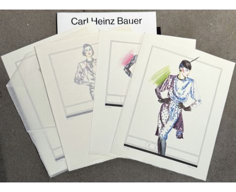 Bauer, Carl Heinz (geb. 1924 in Düsseldorf) Mappe mit 4 Modegraphiken nach Modellen der Haute Couture, Paris wie Dior, je mit