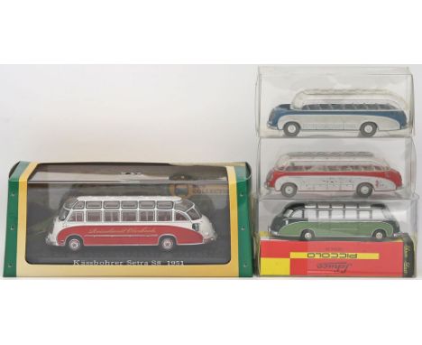 4 Modellautos "Kässbohrer Setra S8", Wiking, Schuco Piccolo, Atlas, verschiedene Maßstäbe. Verschiedene Ausführungen. Darunte