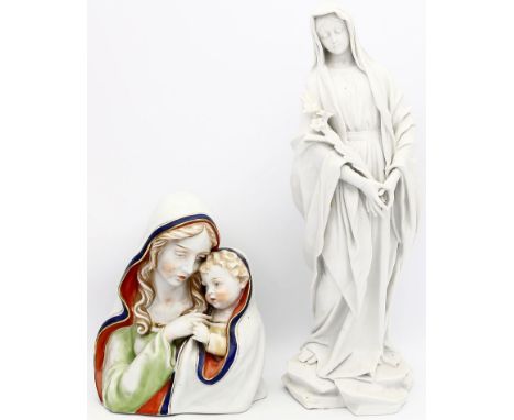 Stehende Madonna und Büste "Madonna mit Kind". Porzellan. Büste bunt bemalt. Stehende Madonne best. bzw. mit Riss. 1x von Sch