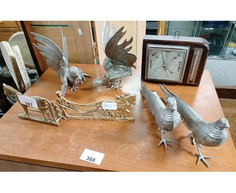 2 white metal chickens &amp; 2 white metal pheasants along with glassware &amp; a barometer