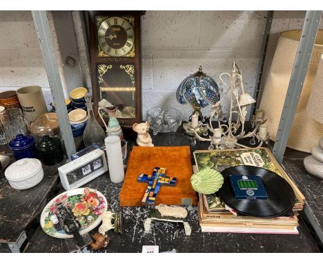 31 day wall clock, decorative metal light fitting, records and other items